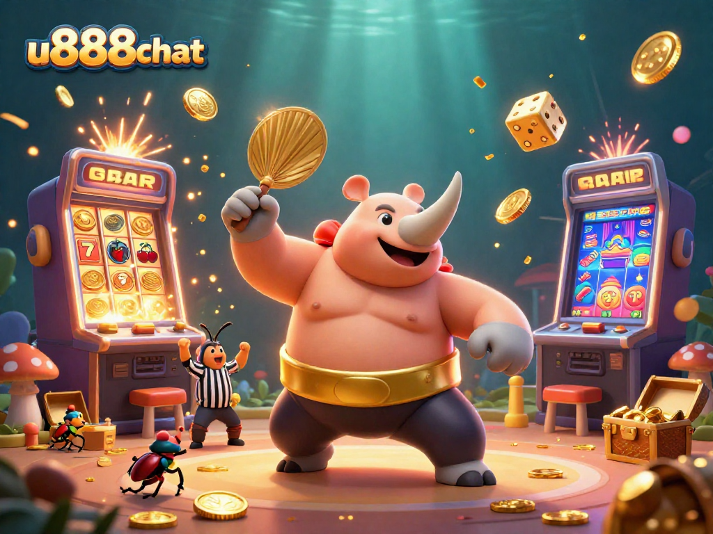 Experience thrilling gameplay at u888chat with vibrant slot machines, golden coins, and dynamic characters!