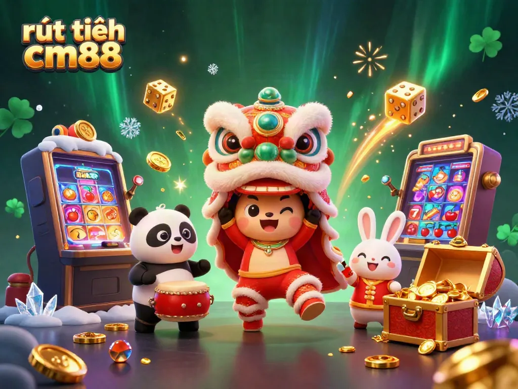 Experience rút tiền cm88 with vibrant casino elements and joyful characters in a festive setting.