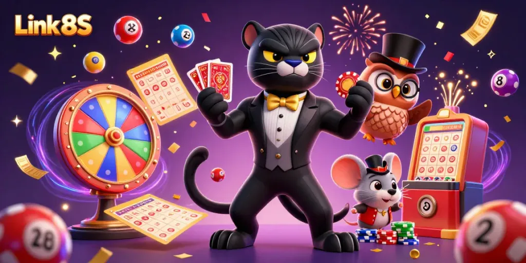 Experience the thrill of Link 8S with vibrant 3D cartoon characters and engaging casino elements.