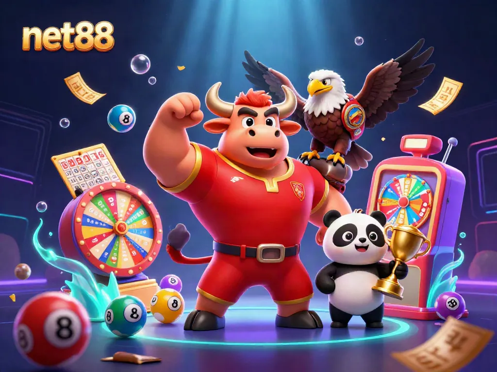 Join the fun at net88 with a dynamic celebration of gaming featuring mascot characters in a vibrant casino scene.