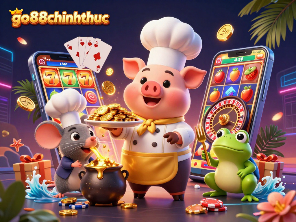 Experience the thrill of go88chinhthuc with a lively scene of a chef pig serving golden coins amidst vibrant casino elements.