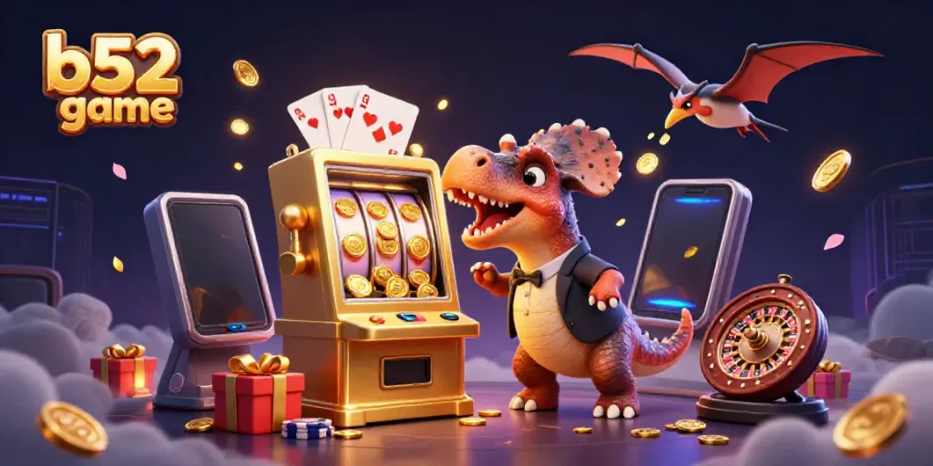 Exciting b52 game scene with a dinosaur and slot machine, highlighting thrilling casino elements.