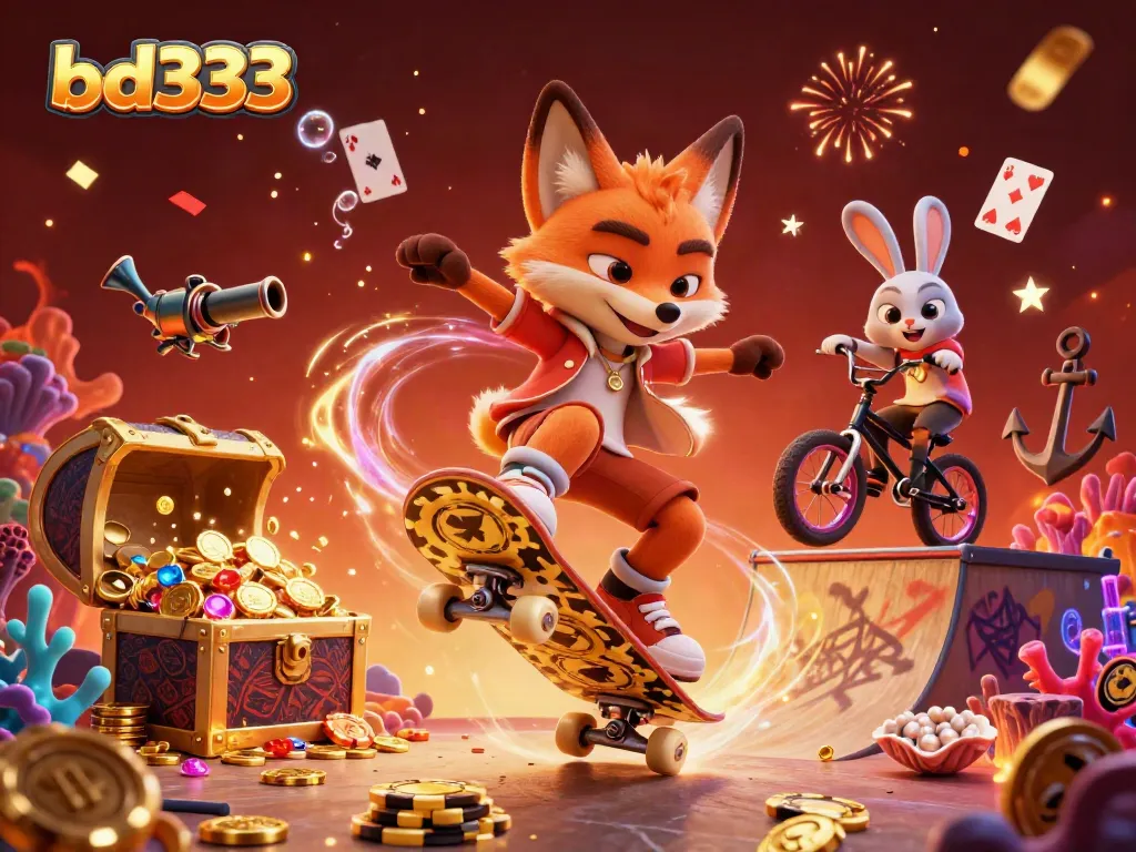 Experience thrilling gaming action with bd333 as a fox skater and BMX rabbit showcase skills amid casino symbols and vibrant effects.