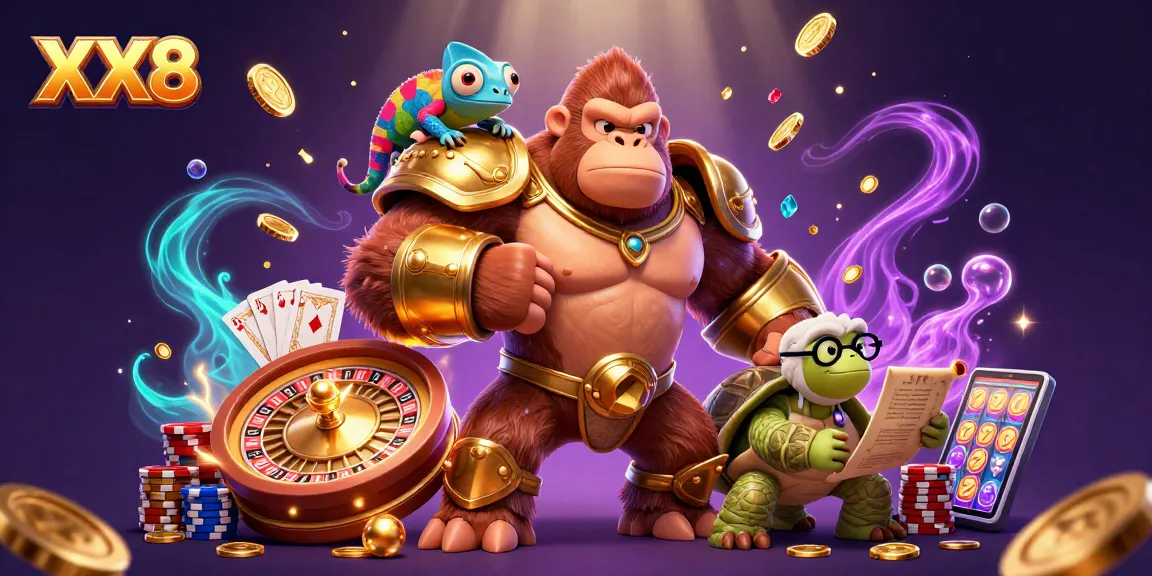 Engage in gaming excitement with XX8, featuring a powerful gorilla king and dynamic casino elements.