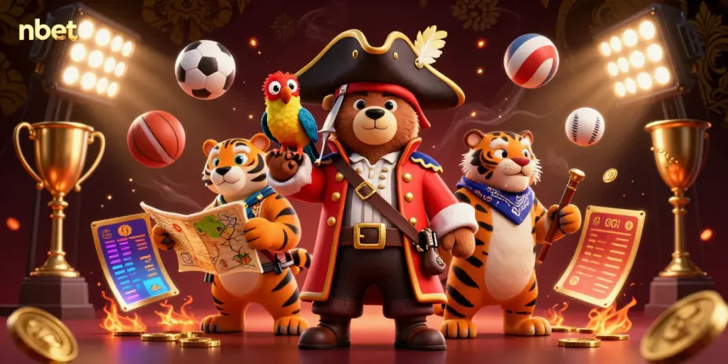 Engage with nbet's exciting atmosphere featuring a pirate captain bear, tiger first mate, and golden sports elements.