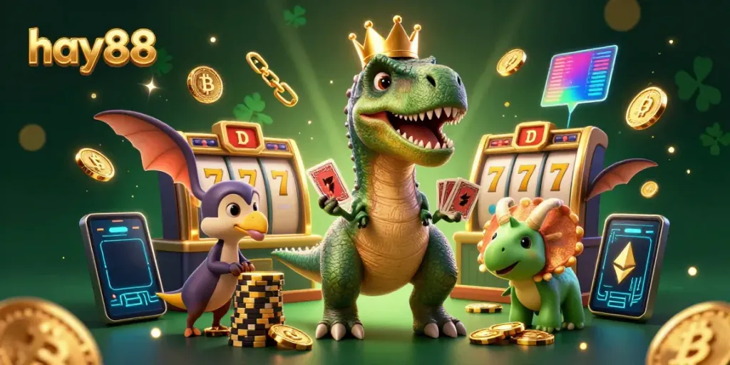 Experience thrilling gameplay at hay88 with a dynamic casino scene featuring cartoon dinosaurs.