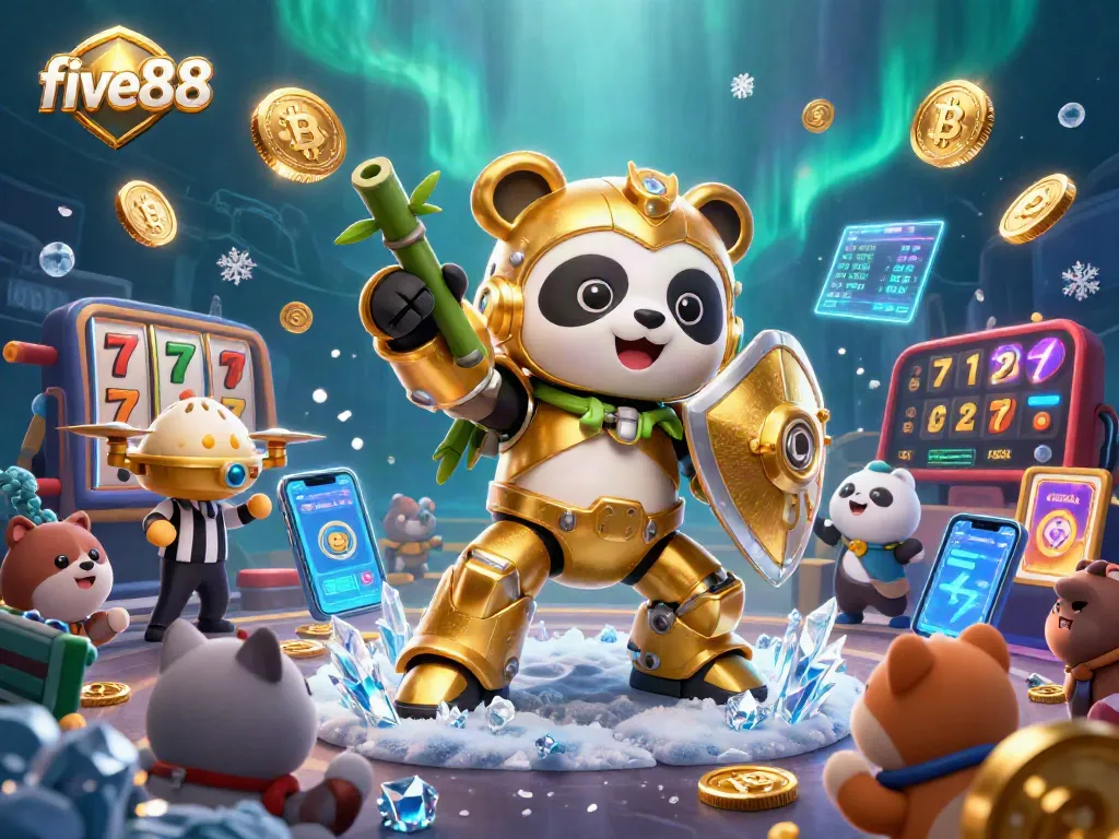 Engage in captivating gaming at five88 with a lively illustration of a panda pilot and casino excitement.
