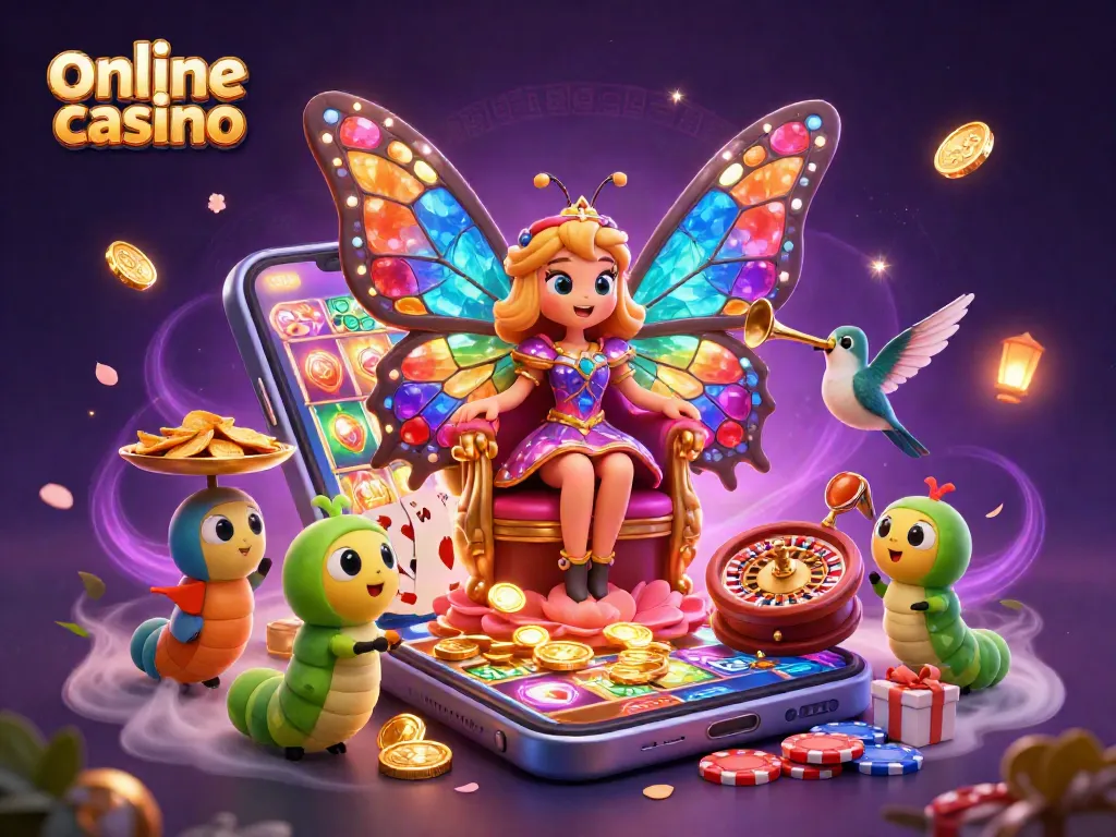 Experience the charm of online casino gaming with a vibrant 3D butterfly queen, mobile game elements, and colorful details.