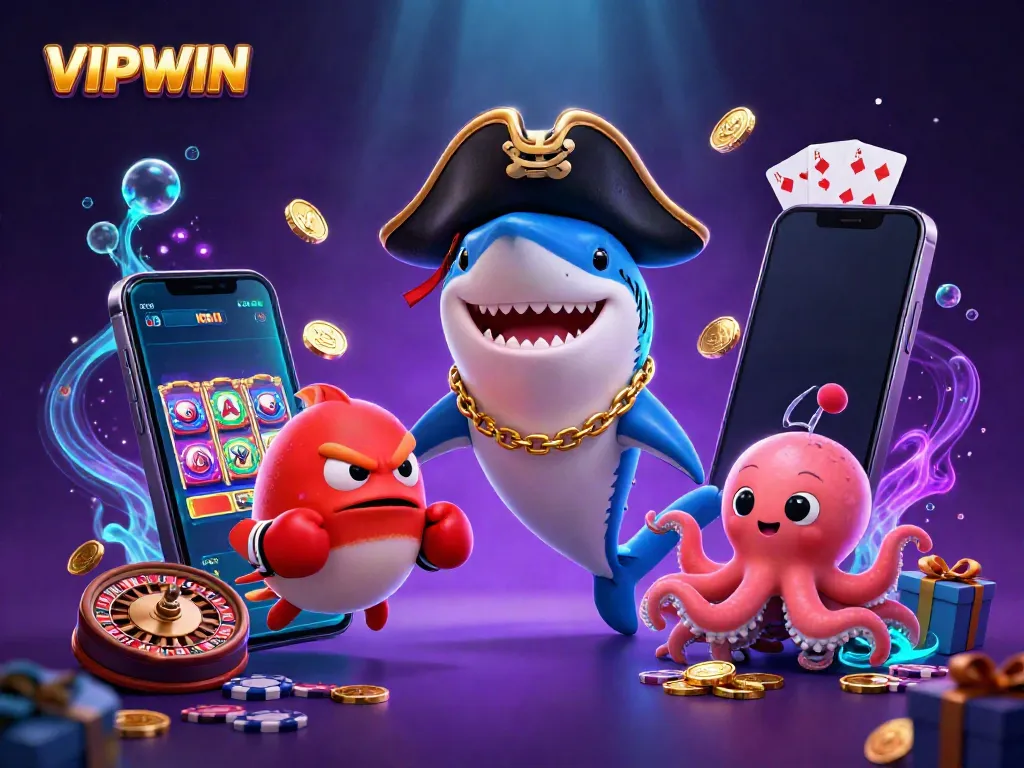 Experience the thrill of VIPWIN with vibrant 3D characters and casino game elements.