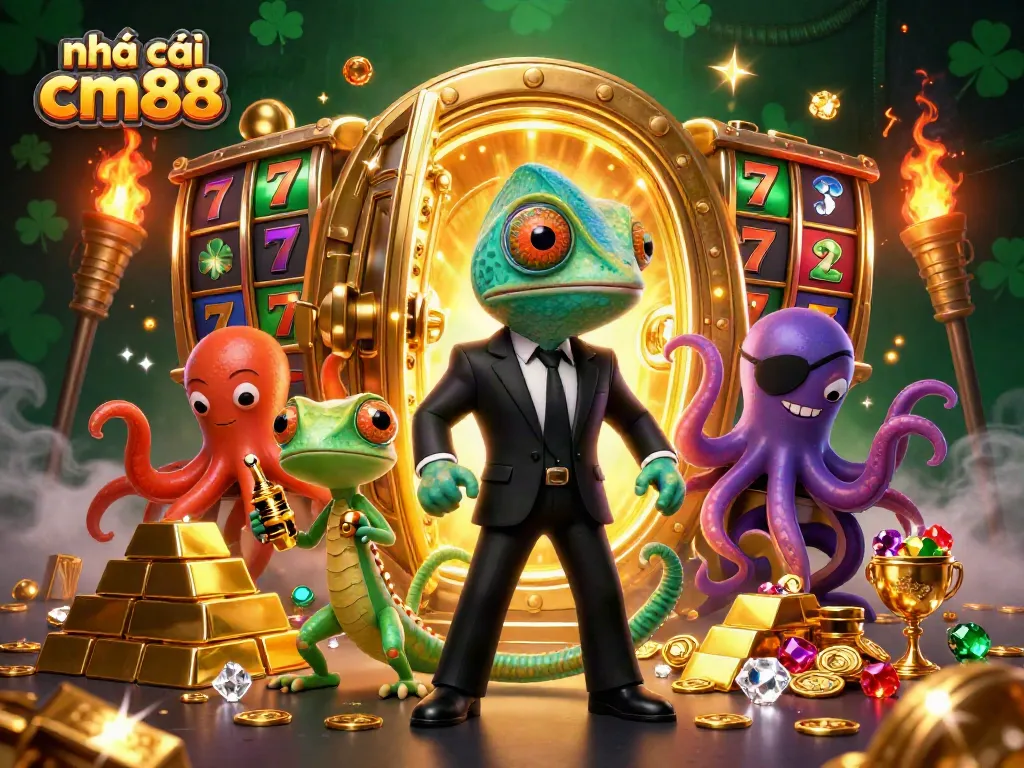 Experience the thrill with nhà cái cm88 featuring a vibrant casino scene filled with treasures and games.
