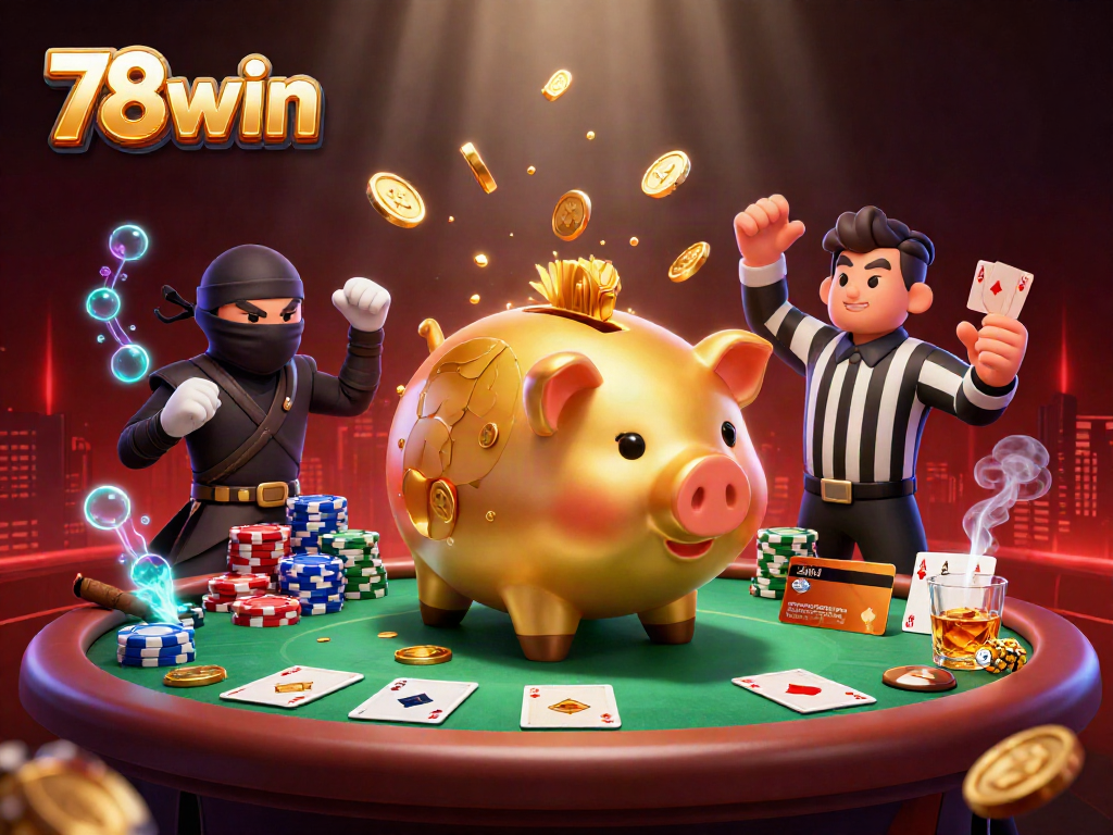 Engage with 78win's thrilling casino competition featuring a golden piggy bank wrestler in action.