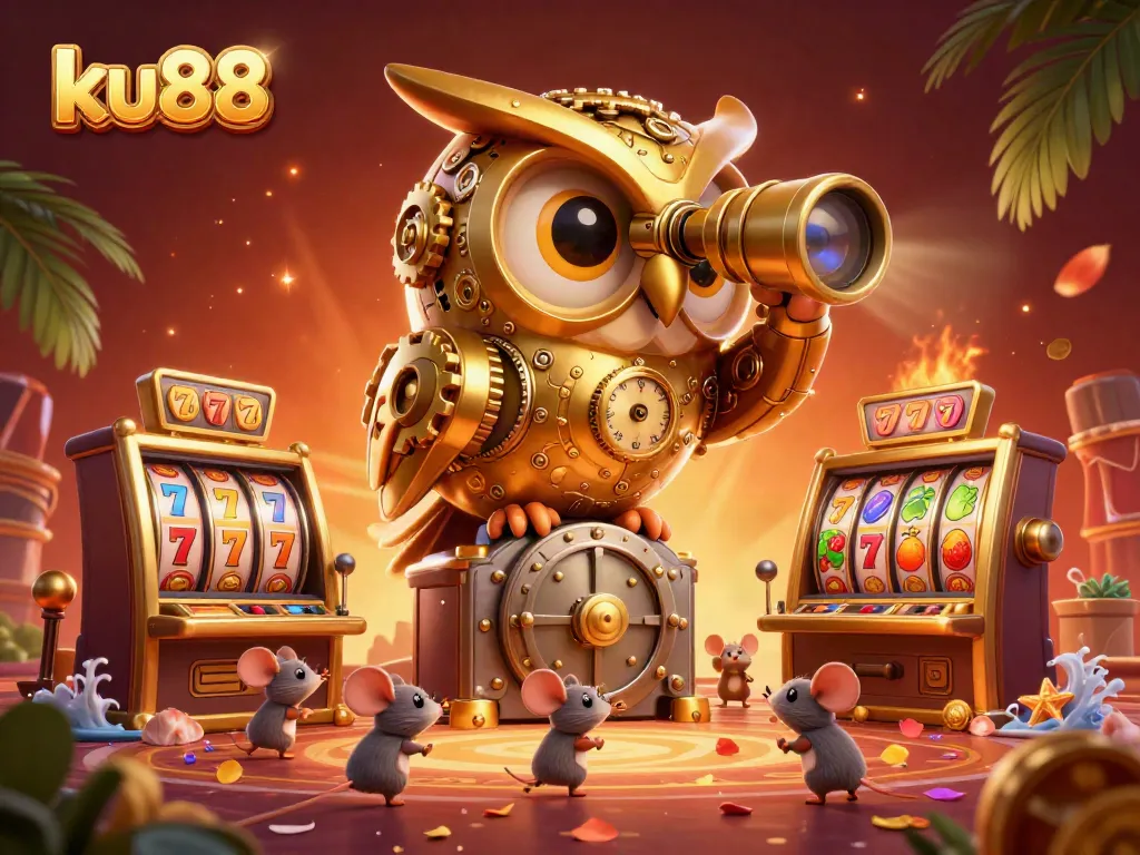 Engage in the thrilling experience at ku88 with a dynamic casino scene featuring a golden owl and playful mice.
