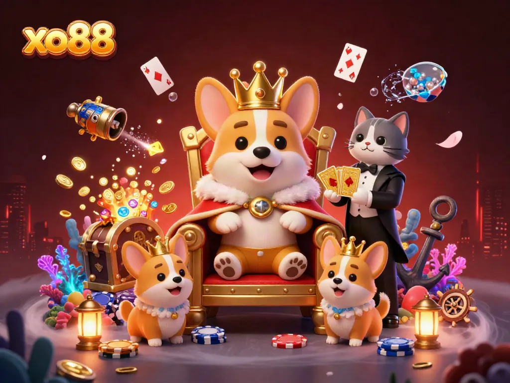 Experience the thrill of winning at xo88 with a royal corgi and a vibrant casino scene.