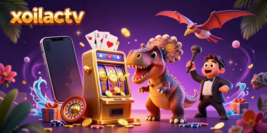 Xoilactv features vibrant action with cartoon dinosaurs engaging in a jackpot scene at an online casino.