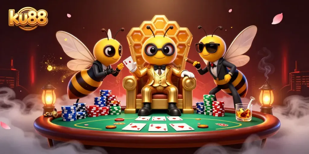 ku88 players enjoying a dynamic poker game with vibrant chips and cards, showcasing an engaging casino atmosphere