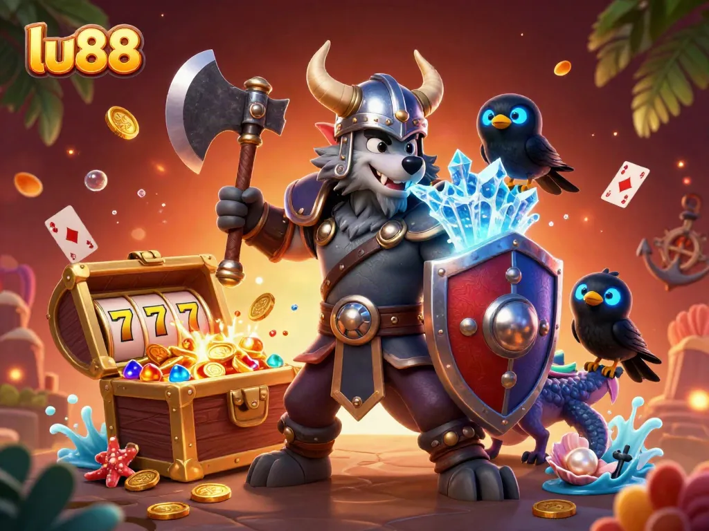 Engage in thrilling gameplay at lu88 with a dynamic Viking, dragon, and slots illustration.