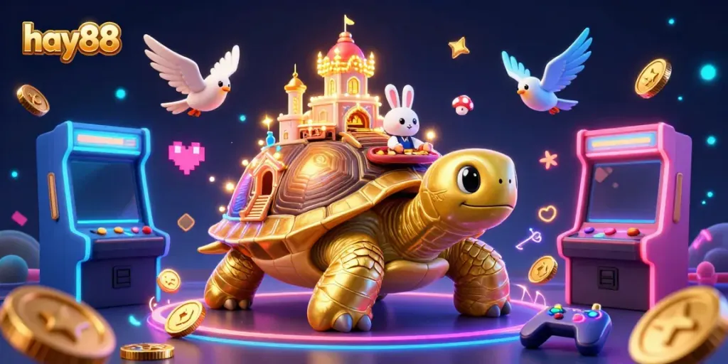 Experience thrilling gameplay at hay88 with a lively scene of a golden tortoise casino featuring vibrant arcade elements.