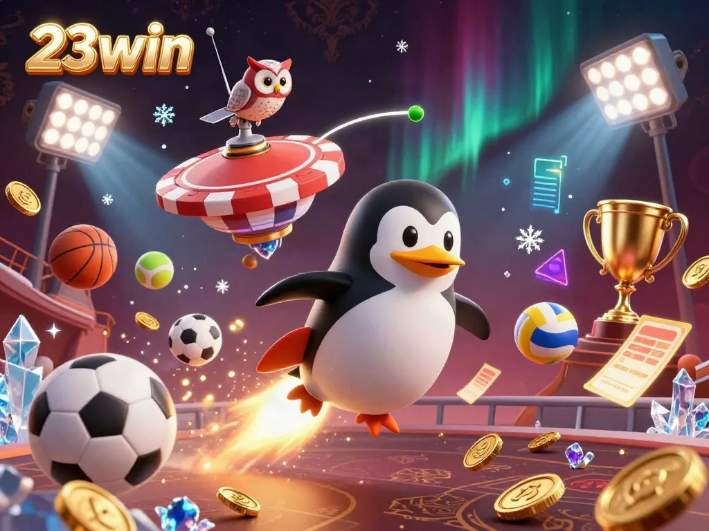 Experience thrilling action at 23win with a dynamic golden penguin flying towards a casino chip station amidst sports elements.