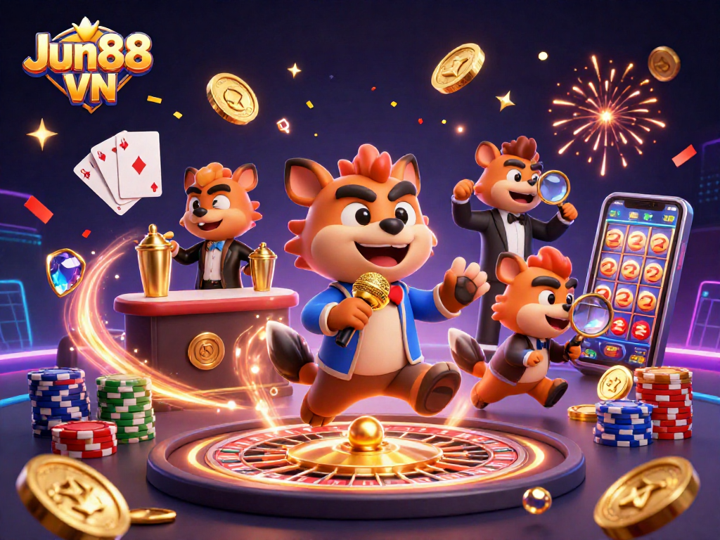 Experience Jun88 VN at a vibrant casino club with hyena characters in a comedic setting.