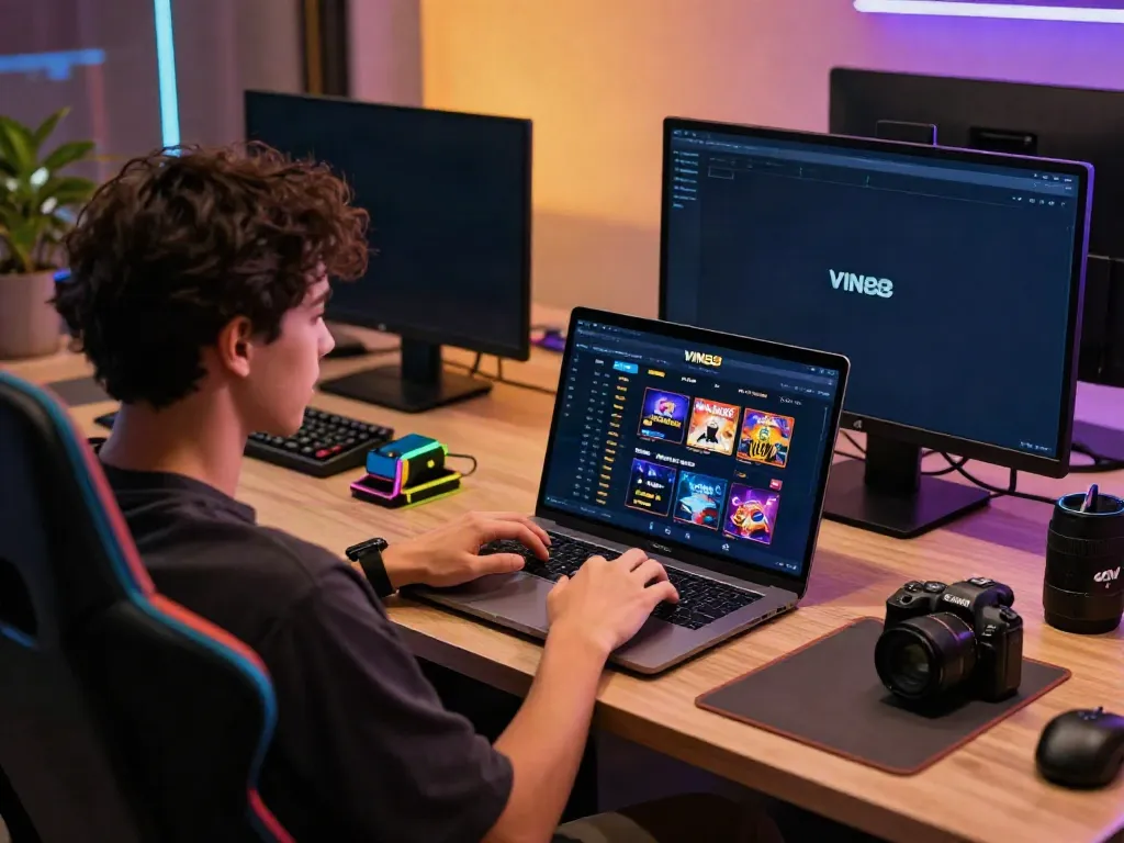Engaging online betting user experiencing vin888 platform on laptop in a vibrant workspace.