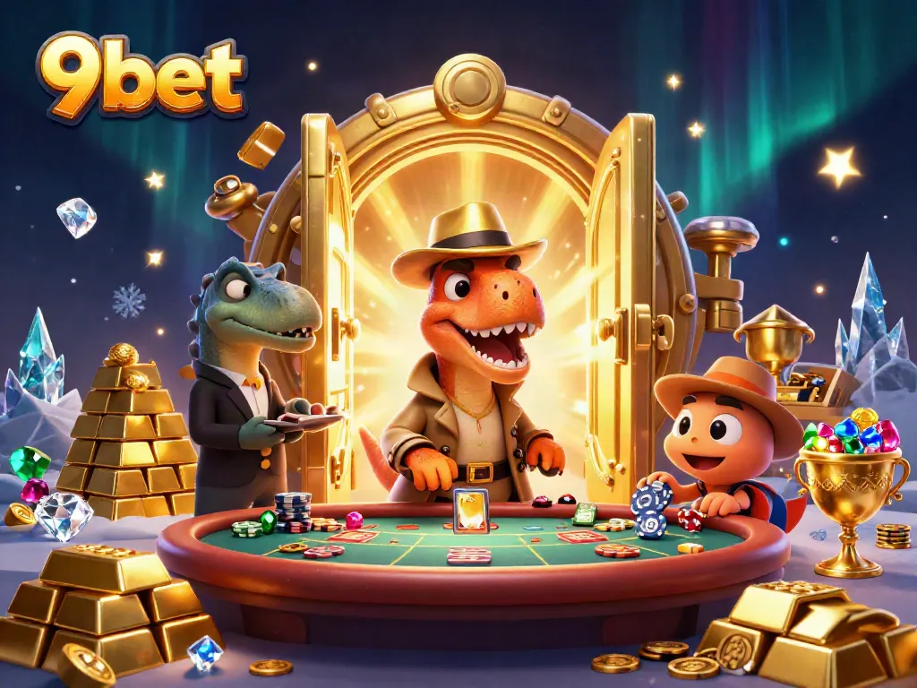 Engage with 9bet's thrilling casino atmosphere featuring animated dinosaur characters at a gaming table.