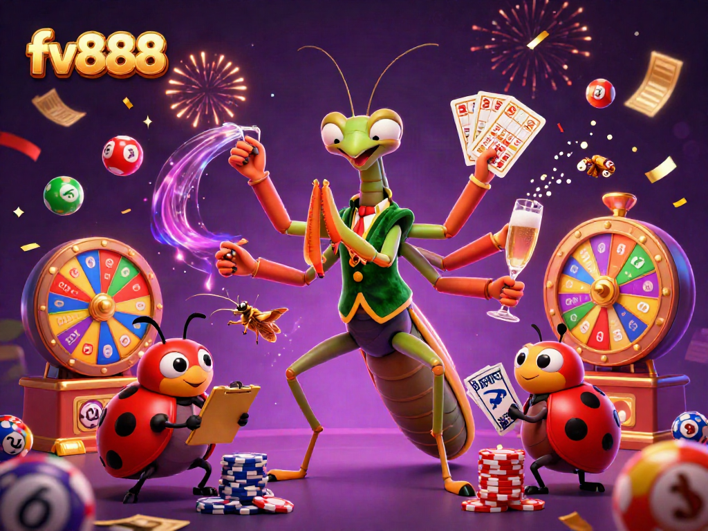fv888 enchanting casino scene with animated characters, dynamic lottery elements, and festive atmosphere.