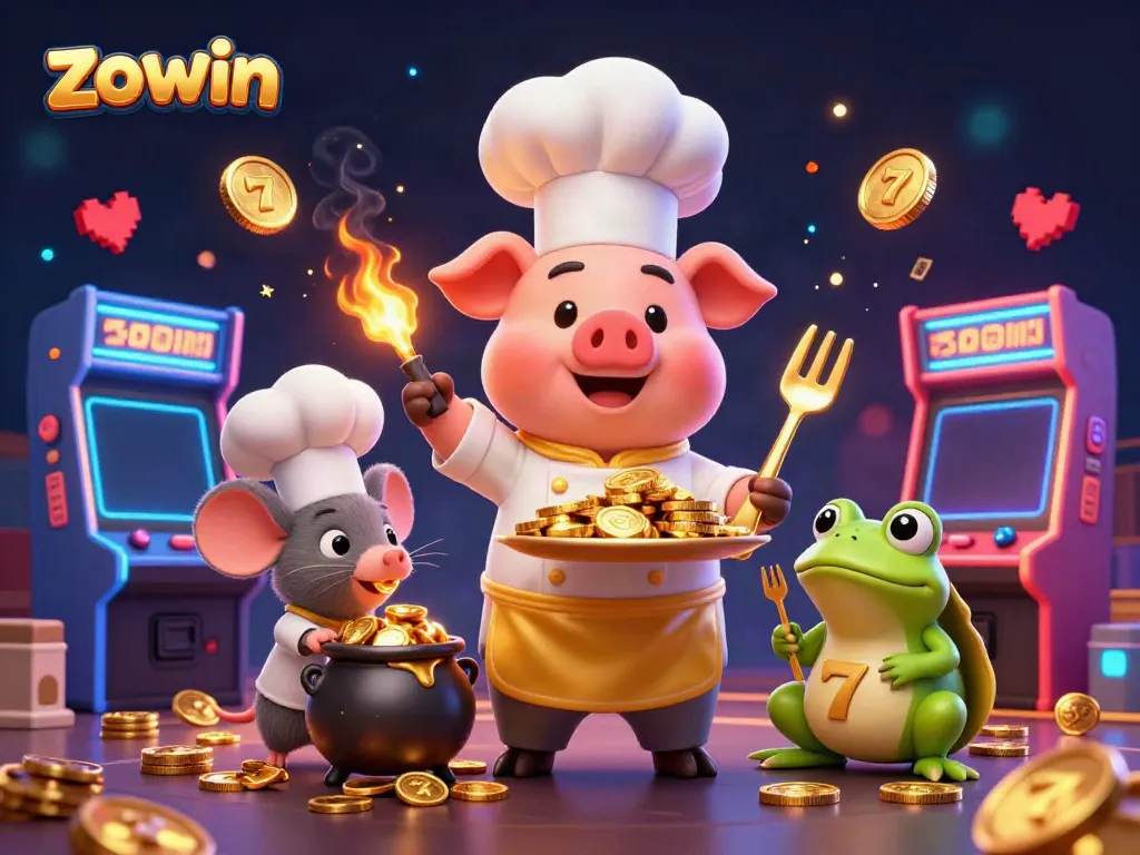 Zowin casino scene with a pig chef serving gold coins, arcade games, and vibrant colors.