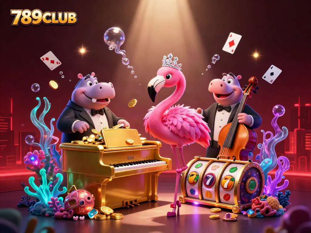 Immerse in the vibrant world of 789CLUB as the flamingo singer and hippo bassist energize a casino scene.