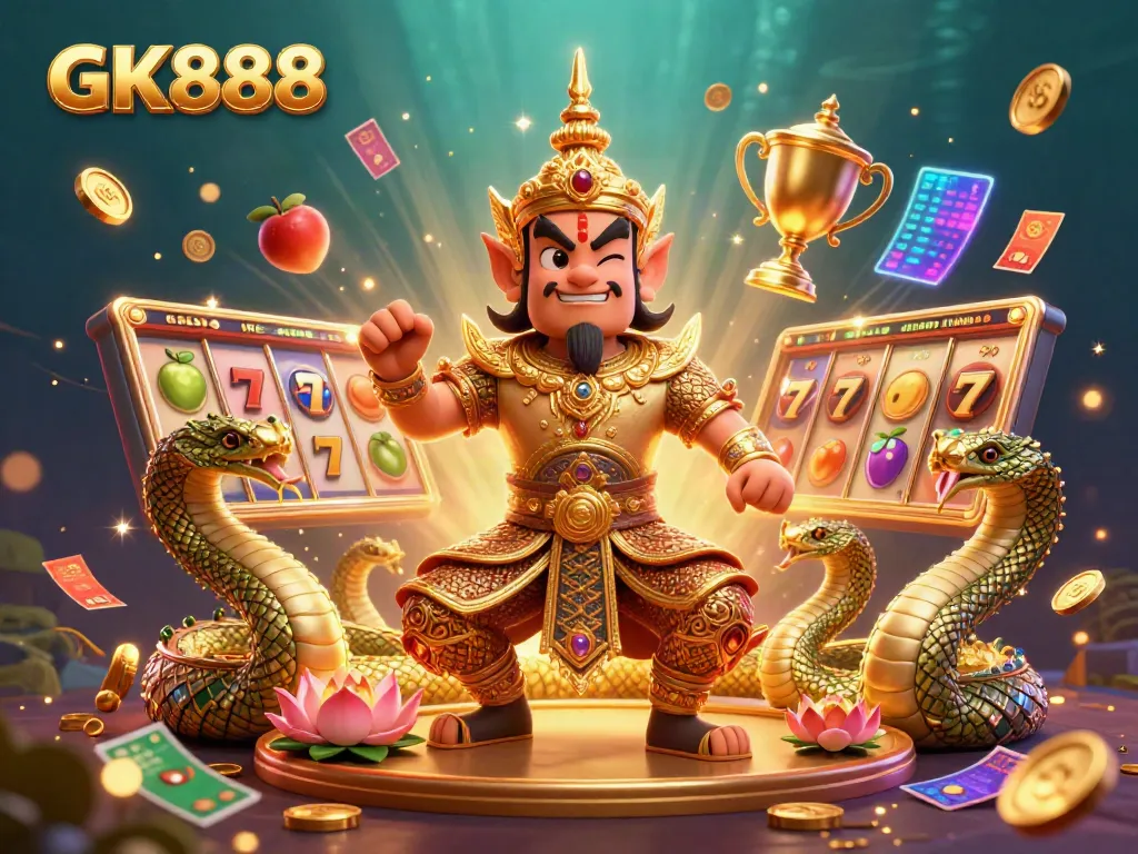 Experience thrilling gaming action with GK888's vibrant 3D casino illustration featuring slots and golden rewards.