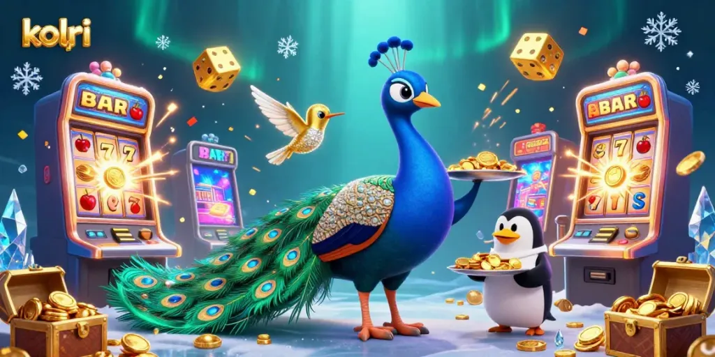 Engage with the vibrant kolpri gaming world showcasing a colorful slot machine and animated characters.