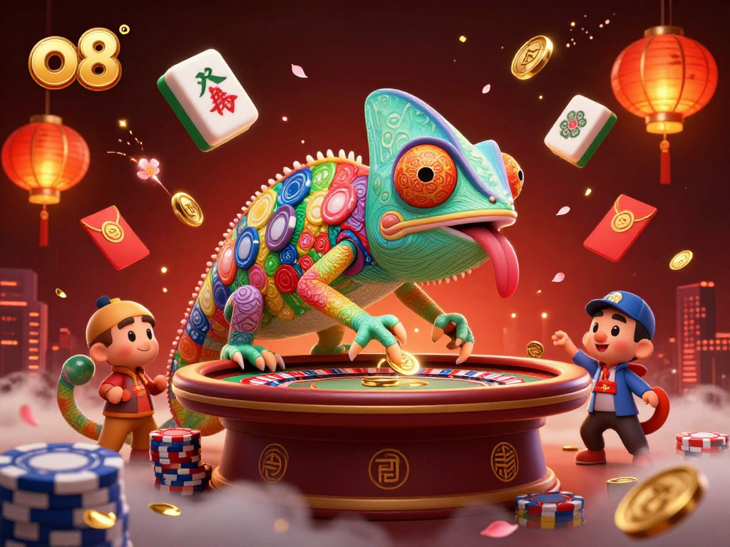 o8's vibrant gaming world comes alive with an enormous chameleon at the center, snatching golden coins.