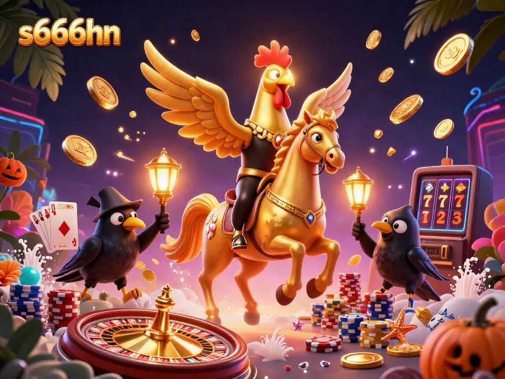 Experience the excitement of s666hn with a golden rooster and casino elements in a vibrant 3D illustration.