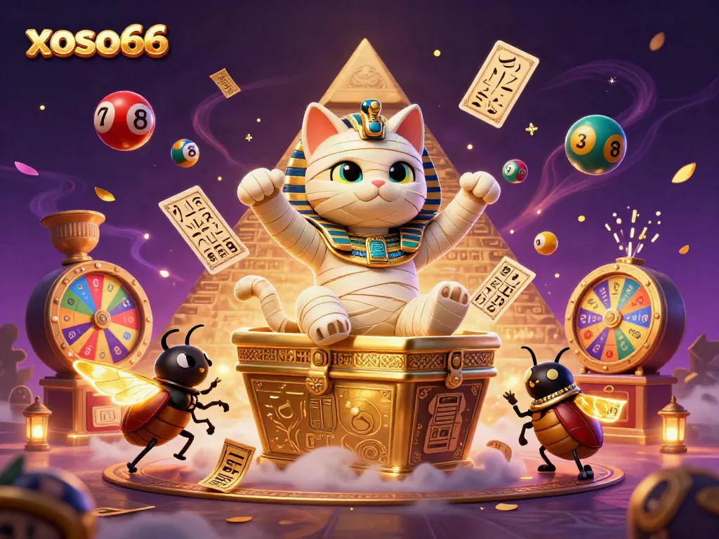 Engage in thrilling lottery action with xoso66 as an Egyptian mummy cat and scarab beetle guide players through the casino experience.
