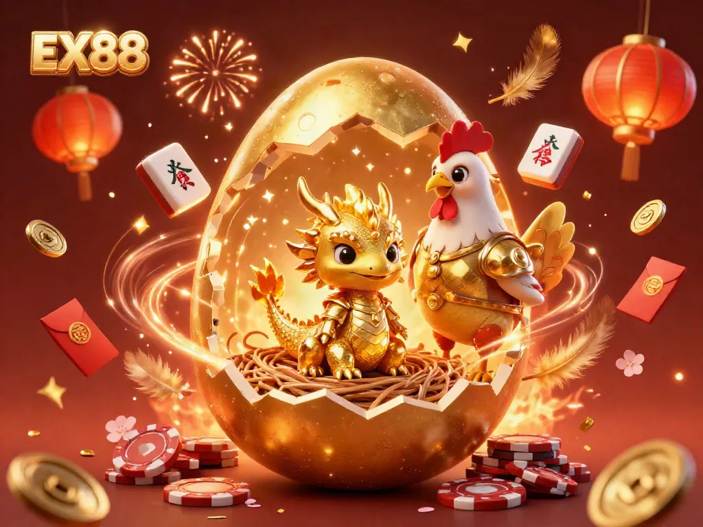 Engage with EX88 as a golden dragon dazzles amidst poker chips and festive elements in a vibrant casino setting.