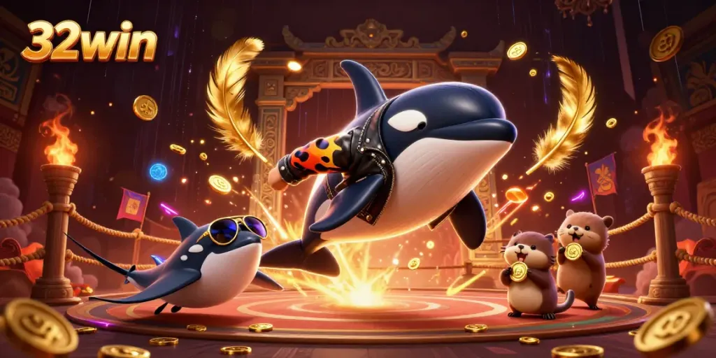 Experience thrilling gameplay at 32win with exciting characters and golden coins in a vibrant casino setting.