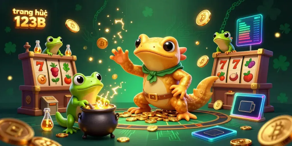 Engage with the vibrant scene of trang chủ 123B featuring a golden salamander alchemist and casino game elements.
