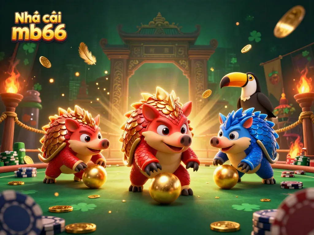 Join the action at Nhà cái mb66 with cartoon pangolins bowling through poker chips and gold coins.