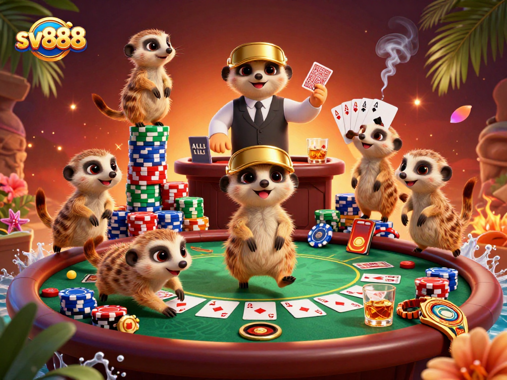 Engage with sv888 in this lively casino scene featuring animated meerkats managing the action.