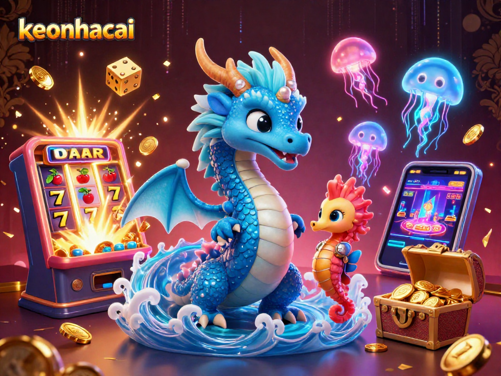 Play keonhacai with vibrant 3D dragon, seahorse knight, and slot machine elements.