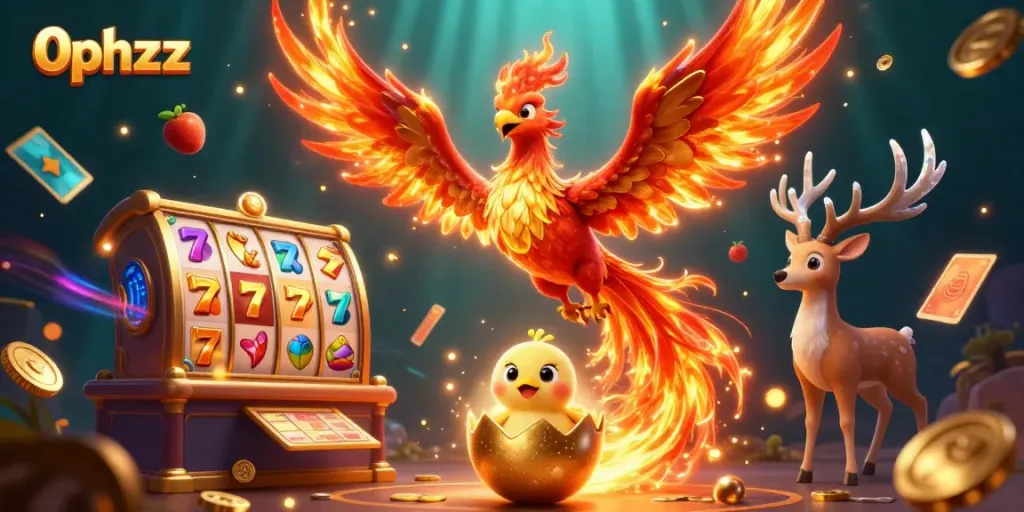 Experience the vibrant world of 0phzzz with fiery phoenixes and slot games in this stunning illustration.