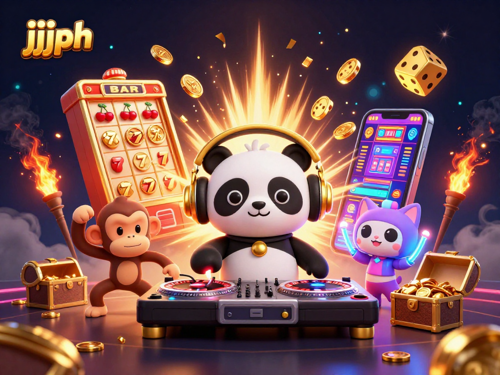 Kasiyahan sa jjjph: 3D cartoon DJ panda na tumutugtog sa roulette wheels na may kasamang mga makukulay na elemento ng casino.