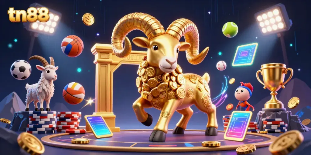 Experience the dynamic gambling scene of tn88 with a charging golden ram amidst sports betting elements.