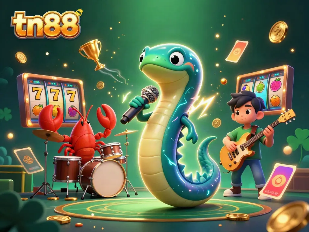 Experience thrilling entertainment at tn88, featuring an electric eel DJ and vibrant casino elements in 3D.