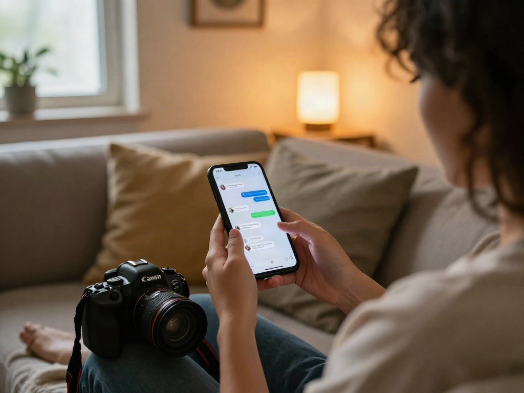 Engaging sex chat scene with a person on smartphone in a cozy environment.