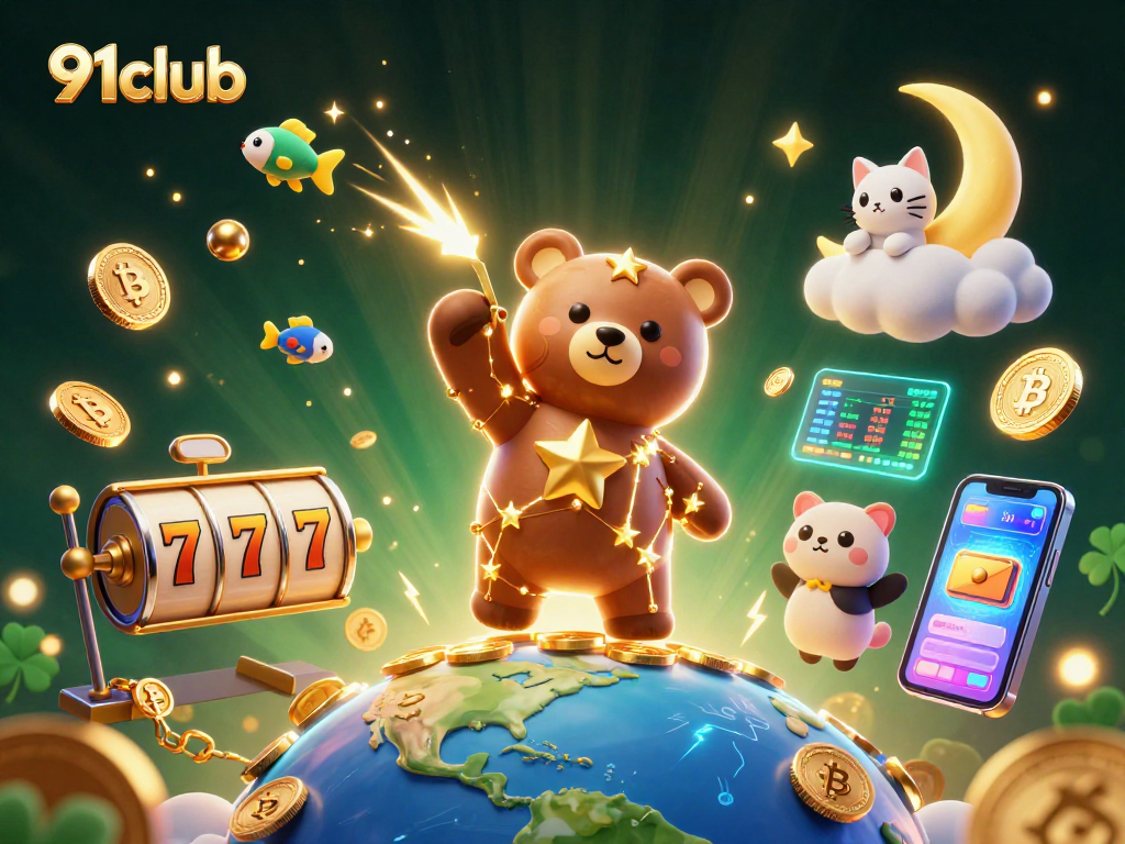 Experience fun with 91club’s slot reels and colorful gaming elements in this vibrant scene.