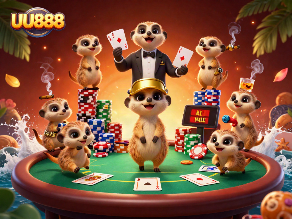 Experience the thrilling UU888 casino action with meerkats running vibrant games and poker tables in a lively setting.