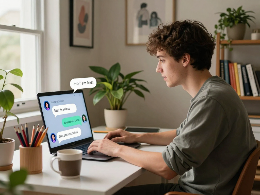 A young man engaging in ai sex chat on his laptop in a cozy home office, showcasing modern decor and a warm atmosphere.