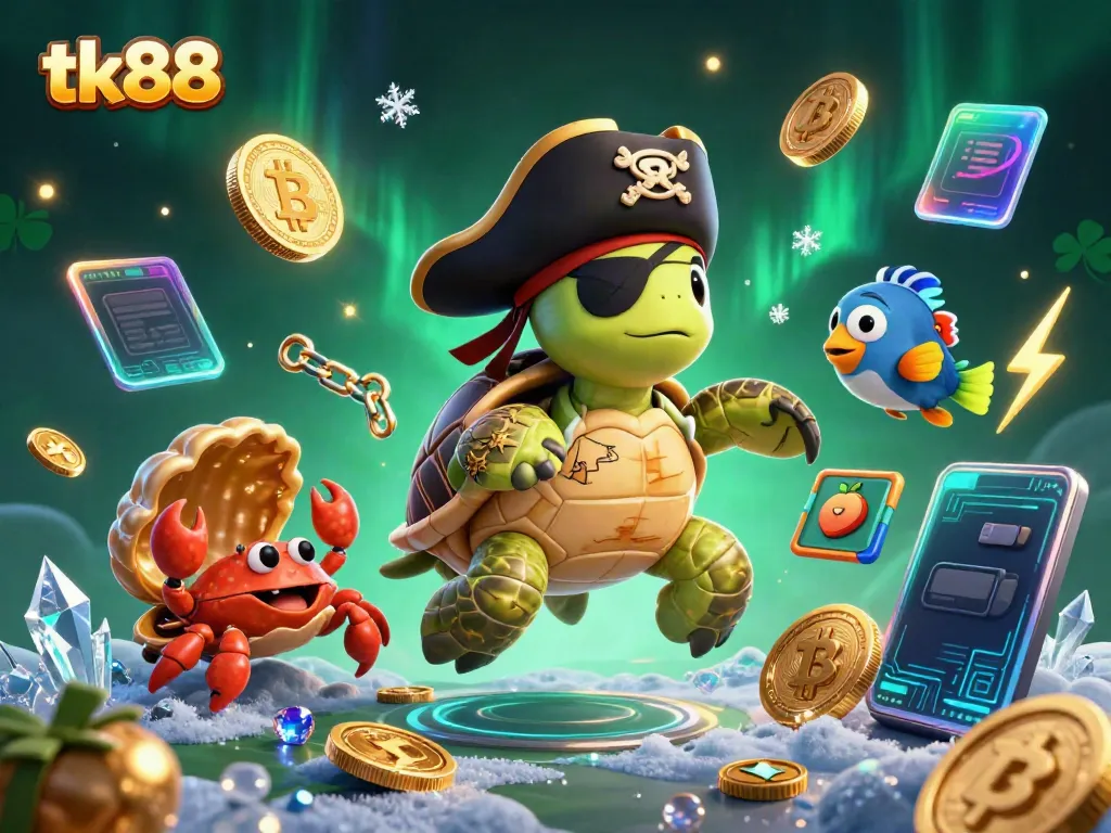 Engage with the tk88 casino world through a vibrant illustration of a pirate turtle amid slot reels and glowing crypto coins.