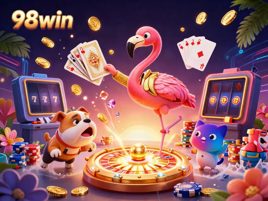 Spin to win with 98win at an exciting casino event featuring cartoon characters and vibrant game elements.