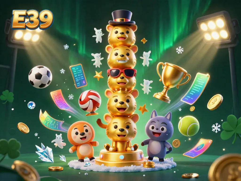 E39 features sports-themed gameplay, showcasing dynamic 3D elements like vibrant sports balls and casino accessories.